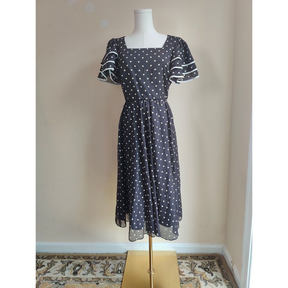 Vintage Miss Elliette 6 Black and White Polkadot Ruffle Sleeve Tea Dress Cottage